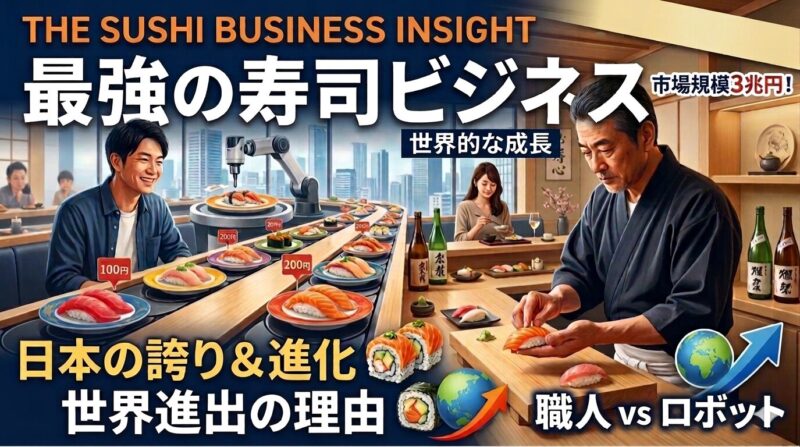 An eye-catching blog banner titled "THE SUSHI BUSINESS INSIGHT: 最強の寿司ビジネス" (The Strongest Sushi Business). The image is split to contrast two sides of the industry. On the right, a traditional male sushi chef in dark blue attire carefully places a piece of salmon nigiri onto a wooden counter, next to premium sake bottles. On the left, a modern conveyor belt sushi restaurant is depicted, where a smiling young male customer is seated, and a robotic arm assists on the conveyor belt. Various types of sushi, including tuna, salmon, and California rolls, are displayed. The background shows a modern city skyline through large windows. Colorful text overlays include "世界的な成長" (Global Growth), "市場規模3兆円!" (Market Size 3 Trillion Yen!), "職人 vs ロボット" (Chef vs. Robot), and globe icons with rising arrows.