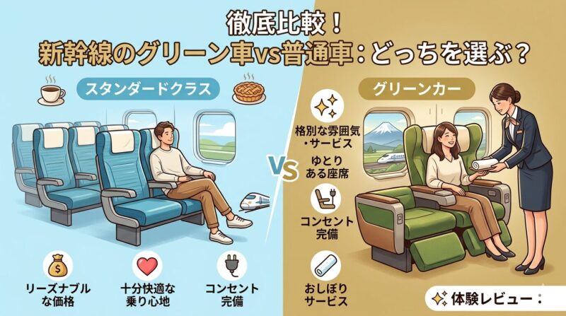 alt="新幹線の普通車とグリーン車の比較イラスト。「徹底比較！新幹線のグリーン車vs普通車：どっちを選ぶ？」というタイトル文字。左側は青を基調とした普通車（スタンダードクラス）で、広々とした座席に男性が座っている様子、右側はゴールドを基調とした高級感のあるグリーン車で、女性客が客室乗務員からおしぼりを受け取っている様子。窓の外には富士山と走行する新幹線が見える。"
