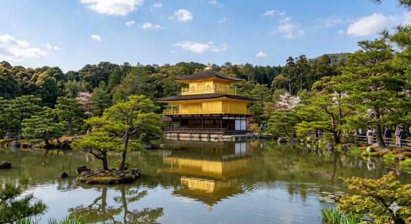 The Golden Pavilion (Kinkaku-ji) reflected in its surrounding pond.
