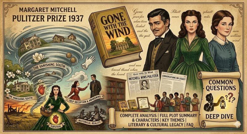 "Gone with the Wind" vintage illustration on aged paper. Key elements: text "GONE WITH THE WIND PULITZER PRIZE", burning Tara, silhouette walking with heart and cotton symbols, and portraits of Clark Gable, Vivien Leigh, and Melanie Wilkes. A blank scroll on the right has a figure with a lantern and question marks. All within an ornate border.
