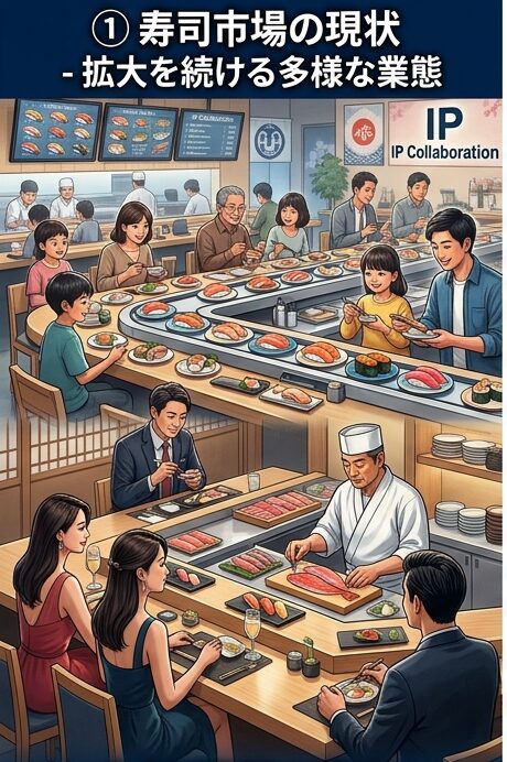 An illustration showing two different sushi dining experiences: a bustling conveyor belt sushi restaurant filled with families at the top, and an upscale, elegant sushi counter where a chef serves customers in formal attire at the bottom.