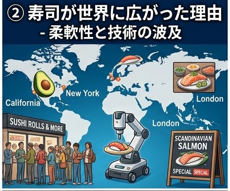 An infographic showing a world map with icons representing global sushi adaptation, featuring a California roll with avocado, a sushi-making robot, a long queue outside a restaurant, and local adjustments like Scandinavian salmon.