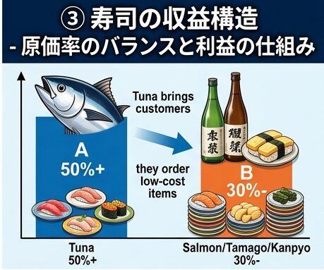 A business infographic explaining the cost structure of sushi. It uses charts to show that high-cost items like tuna (50%+) attract customers, who then order low-cost items like salmon, tamago, kanpyo (30%-), and sake to generate overall profit.