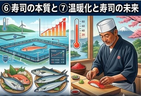 An infographic highlighting sushi tradition and environmental adaptation, featuring onshore aquaculture pens, a rising temperature graph, a selection of diverse seasonal fish, and a traditional chef meticulously preparing sushi.
