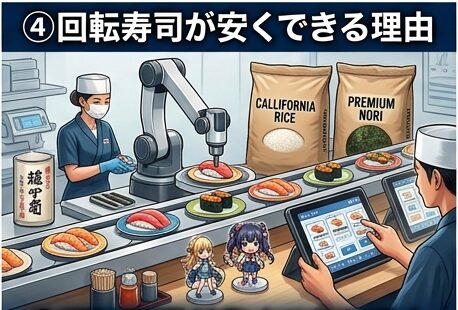 An inside view of a high-efficiency conveyor belt sushi operation, featuring workers using automated systems and robotic arms, bulk ingredients like California rice and premium nori, and anime character figures representing IP collaborations.