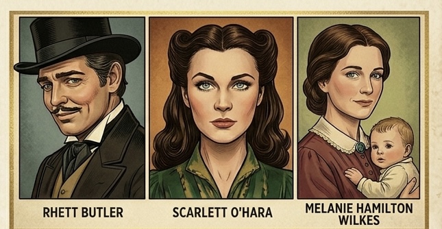 Illustrated character portraits of Rhett Butler, Scarlett O’Hara, and Melanie Hamilton Wilkes from Gone with the Wind.