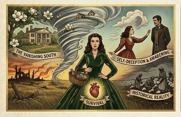 Illustration of Gone with the Wind themes, including survival, the vanishing South, self-deception, awakening, and historical reality.