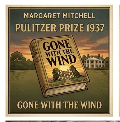 A vintage-style educational poster summarizing "Gone with the Wind," featuring key characters, thematic icons, and a tornado labeled "THE VANISHING SOUTH."