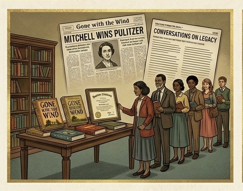 Literary legacy illustration of Gone with the Wind, showing its Pulitzer Prize recognition, books, and modern discussions on its historical impact.