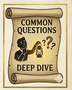 FAQ illustration for Gone with the Wind, featuring a scroll, question marks, and a person holding a lantern.