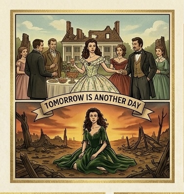 A split illustration in two parts on the theme of 'Gone with the Wind'. The top part depicts a glamorous pre-war social party, and the bottom part shows the heroine sitting in a post-war burnt-out area. In the center, there is a band with the text 'TOMORROW IS ANOTHER DAY'.